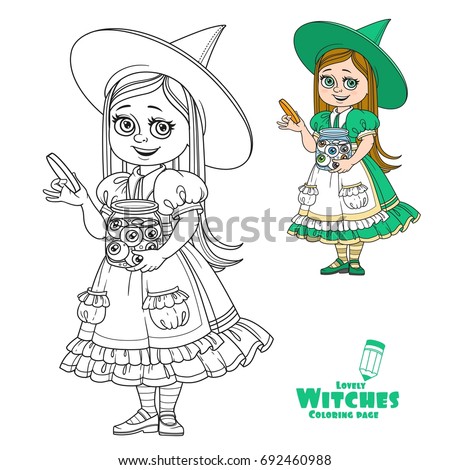 Cute girl in witch costume holding a big jar with eyes color and outlined for coloring page