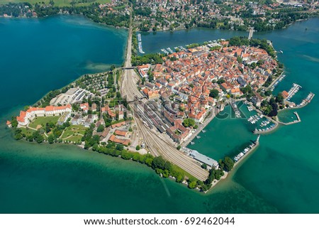 Aerial perspective of peninsula Lindau with port and Marina in summer Royalty-Free Stock Photo #692462044
