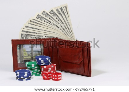poker chips and dice - wallet with money