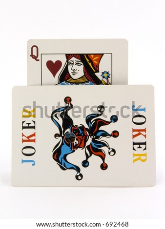Queen of hearts and the Joker on white background