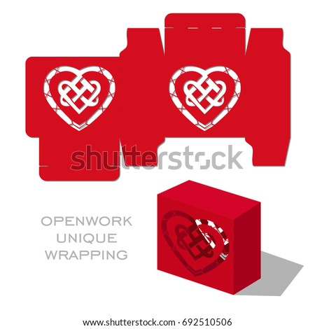 Vector wedding laser cut template box for invitation with decorative celtic heart elements