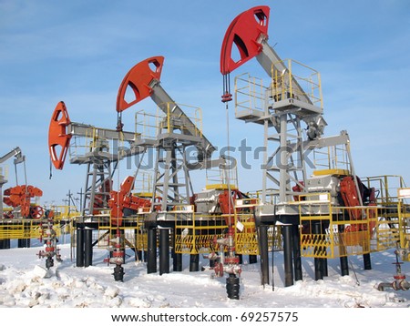 Oil industry. Pump jacks in work