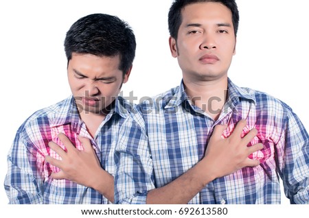 young man holding her chest in pain. photo with red as a symbol for the hardening. isolated on white background.