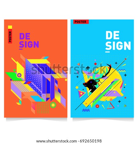 Flat color covers set. Colorful geometric shapes with typography poster design template. Trendy design and colorful summer theme. 