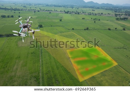 drone for agriculture, smart farmer use drone for various fields like research analysis, terrain scanning technology, monitoring soil hydration, yield problem, take photo and send data to the cloud Royalty-Free Stock Photo #692669365