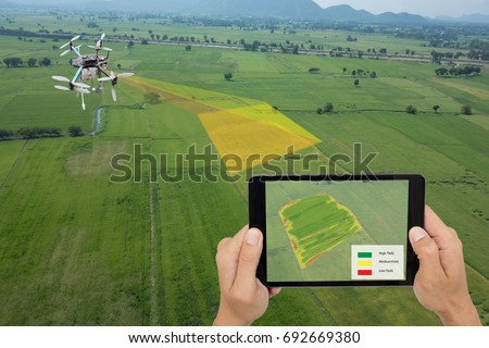 drone for agriculture, smart farmer use drone for various fields like research analysis, terrain scanning technology, monitoring soil hydration, yield problem, take photo and send data to the cloud Royalty-Free Stock Photo #692669380
