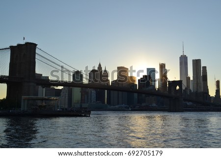 The Brooklyn Bridge with Manhattan Skyline at sunset, NYC, Brooklyn Bridge Park, July 2017
