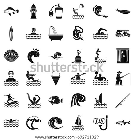 Water wave icons set. Simple style of 36 water wave vector icons for web isolated on white background