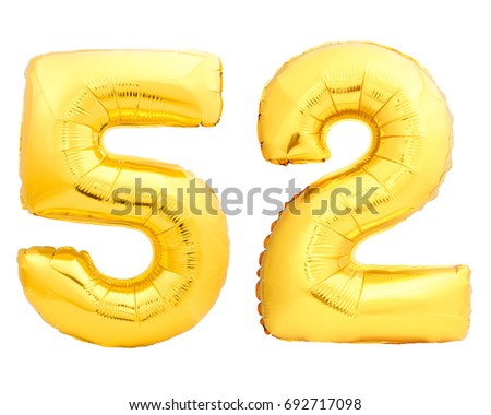 Golden number 52 fifty two made of inflatable balloon isolated on white background