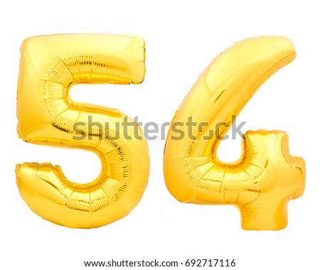 Golden number 54 fifty four made of inflatable balloon isolated on white background