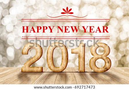 Happy new year 2018 (3d rendering)wood number in perspective room with sparkling bokeh wall and wooden plank floor,Holiday celebration concept