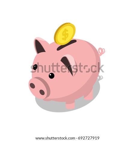 Piggy bank and gold coin isometric style colorful raster illustration