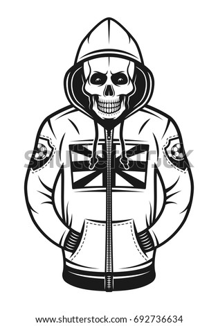 Soccer hooligan skull in hoodie with british flag print on chest vector illustration in monochrome vintage style isolated on white background