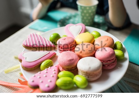 close-up view of delicious colorful sweets at birthday party
