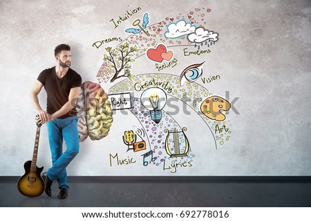 Young male guitarist standing in concrete interior with brain sketch. Creative thinking concept