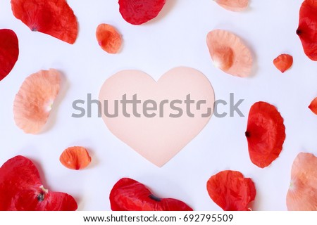 heart symbol surrounded by pink and red poppy petals top view / For tender feelings  love