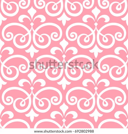 Floral pattern. Wallpaper baroque, damask. Seamless vector background. White and pink ornament.