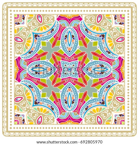Decorative abstract colorful background, geometric floral doodle pattern with ornate lace frame. Tribal ethnic ornament. Bandanna shawl, tablecloth fabric print, silk neck scarf, kerchief design