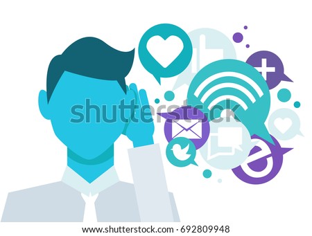 Banner Social listening. The man leaned his hand to his ear, and listens to icons. Vector lat illustration Royalty-Free Stock Photo #692809948