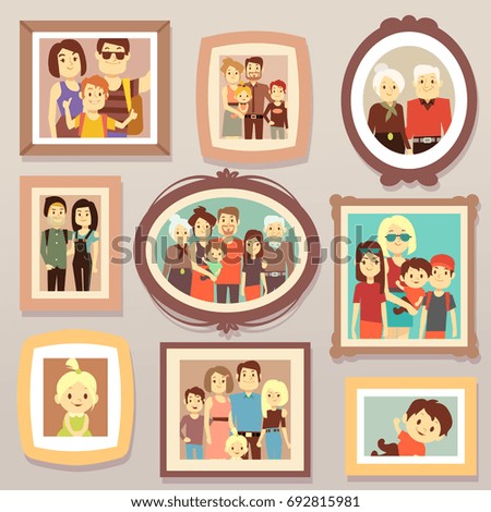 Big family smiling photo portraits in frames on wall vector illustration. Family portrait frame, mother and father, happy family