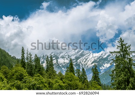 Includes snowy mountains and dense forest.