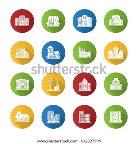City buildings flat design long shadow glyph icons set. Facades. Town architecture. Vector silhouette illustration