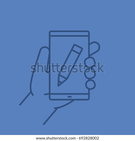 Hand holding smartphone linear icon. Smart phone note taking app. Thin line outline symbols on color background. Vector illustration