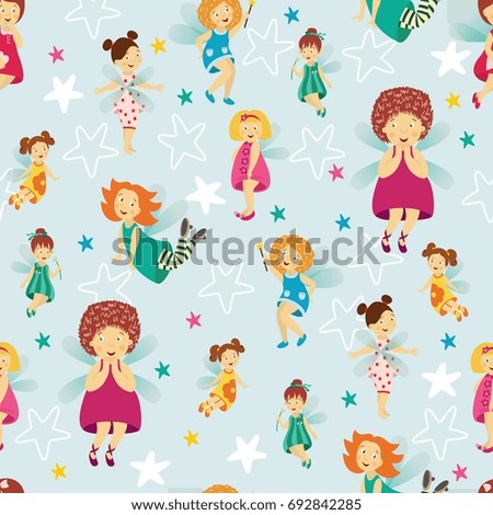 Seamless pattern, background design with cute fairy girls with wings and wands, cartoon vector illustration. Happy, smiling fairy girls flying in colorful dresses, seamless cartoon style pattern