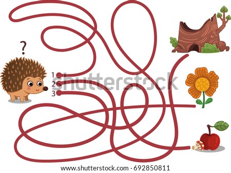 Help hedgehog to find way to apple and mushroom in the maze game. Vector illustration.