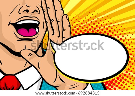 Wow pop art male face. Closeup of man with open mouth rising his hand screaming announcement and empty speech bubble. Vector background in comic retro pop art style. Invitation poster. Royalty-Free Stock Photo #692884315