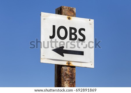 Jobs word and arrow signpost on clear sky background. Motivational sign.
