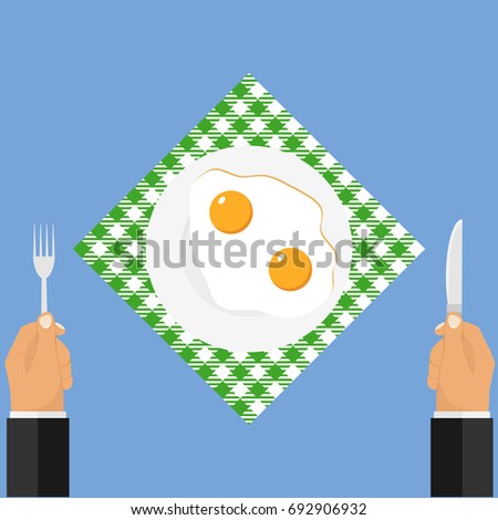 Hands with a knife and fork near a plate of fried eggs. Breakfast time. Flat design, vector illustration, vector.