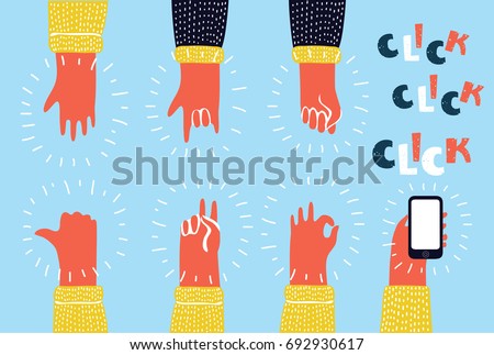 Cartoon colorful illustration set of Hands showing different gestures isolated on white human arm hold collection communication: Peace, fist, five, thumb up, OK, Peace, Smartphone
