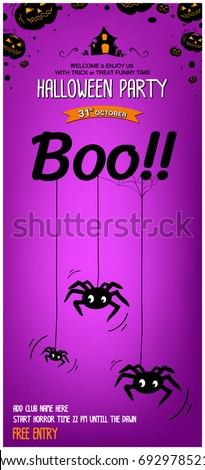 Card templates Halloween spider hanging down pumpkin spooky and funny happy night party banner poster invitation, clip art illustration vector.