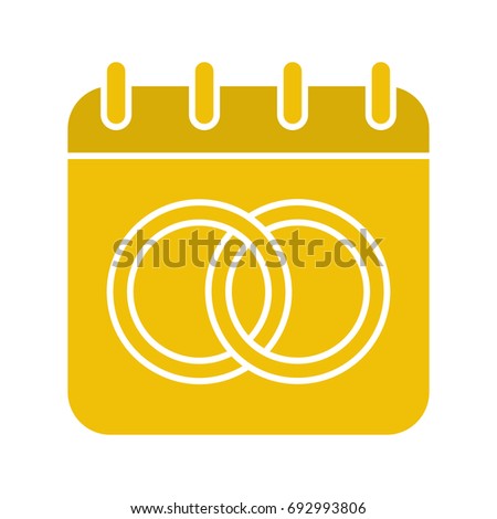 Wedding day glyph color icon. Calendar page with interlocked wedding rings. Nuptial calendar. Silhouette symbol on white background. Negative space. Raster illustration