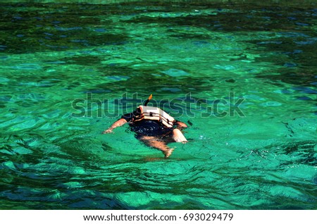 The  man snorkeling in coral reef in tropical sea.  Li-pe Island Thailand