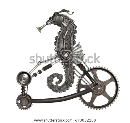 Steampunk style seahorse (Hippocampus). Mechanical animal photo compilation