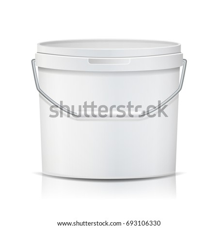 Plastic Bucket Realistic. Empty Clean. White Plastic Bucket For Dessert, Yogurt, Ice Cream, Sour Sream. Isolated On White Background Illustration