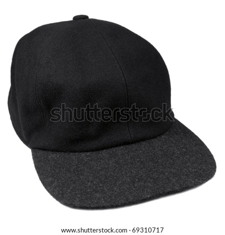 Fine wool black baseball style cap with grey brim, isolated warm men hat for autumn / winter