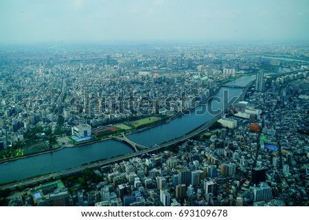 City in japan and River, view from the top of Tokyo Sky Tree in  Japan