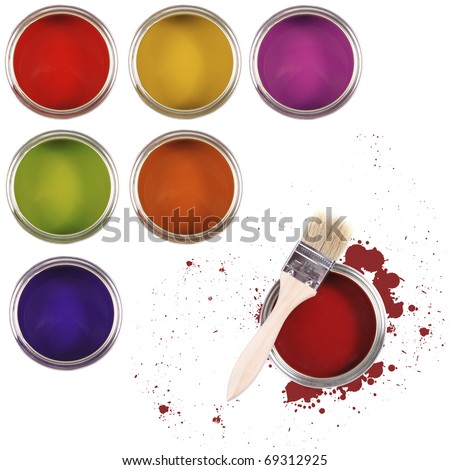 colorful paint buckets with color spots and paintbrush isolated on white background