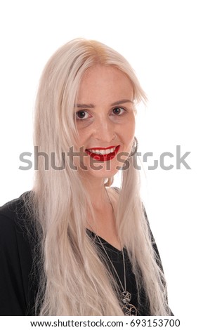 A closeup image of a beautiful young woman with blond long hair
and big eyes, smiling, isolated for white background
