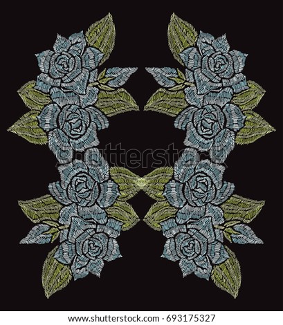 Elegant hand drawn decoration with gardenia flowers in embroidery style, design element. Can be used for fashion ornaments, fabrics, manufacturing, clothing design
