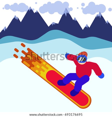 Illustration of a snowboarder in mask among mountains in sportswear on a burning board, winter sport