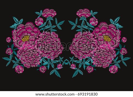 Elegant hand drawn decoration with peony flowers in embroidery style, design element. Can be used for fashion ornaments, fabrics, manufacturing, clothing design