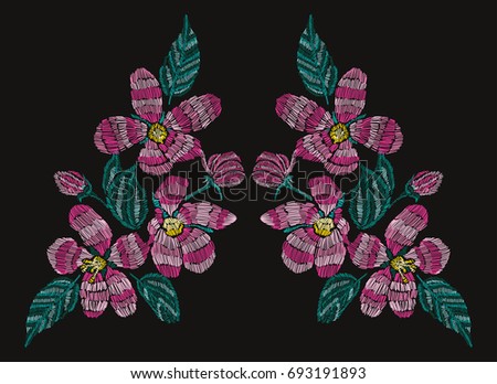 Elegant hand drawn decoration with cherry blossom flowers in embroidery style, design element. Can be used for fashion ornaments, fabrics, manufacturing, clothing design