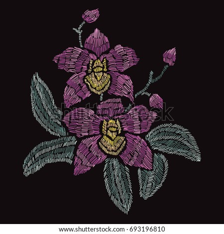 Elegant bouquet with orchid flowers, design element. Can be used for decorations, fabrics, manufacturing, cards, invitations. Embroidery style.
