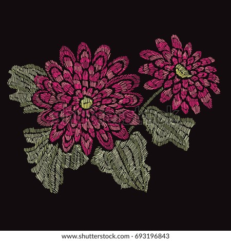Elegant bouquet with gerbera flowers, design element. Can be used for decorations, fabrics, manufacturing, cards, invitations. Embroidery style.
