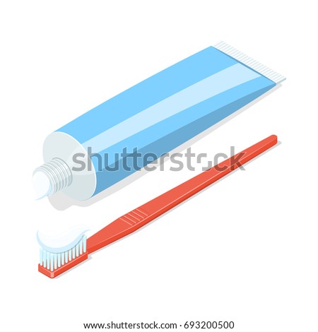 Toothbrush and toothpaste tube isolated on white background. Isometric vector illustration