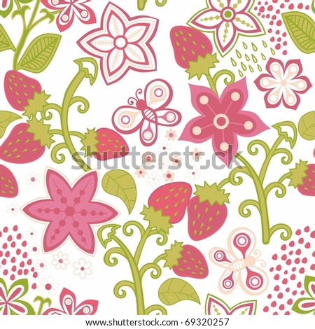 Floral Seamless Texture with a Strawberry